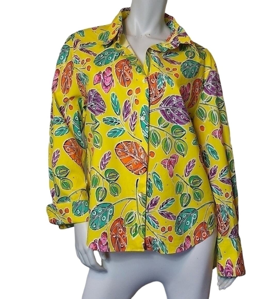 Redd Jeans Top SZ 14 Womens Aloha Yellow Leaf Vintage 90s Button Down Art 2 Wear
